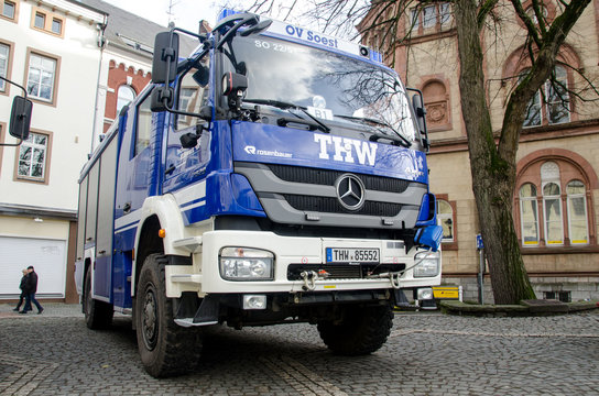 Soest, Germany - December 31, 2017: German Federal Agency for Technical Relief Equipment Vehicle (German: Bundesanstalt Technisches Hilfswerk)