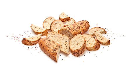French baguette wheat with sesame seed isolated on white. Fresh baked bread sliced, cut. Traditional bakery product food background. Delicious crispy baguette closeup.