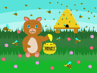 Obraz na płótnie Canvas Brown teddy bear tastes delicious honey. Bee hive with the bees. The lawn full of flowers and blue sky. Illustrations. Vector