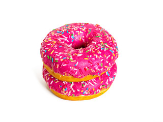 Two pink doughnuts with strawberry icing