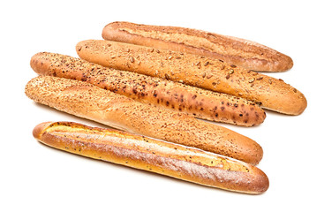 French baguettes wheat, buckwheat, bakery food background. Multigrain products isolated on white. Assortment of baked bread, baguette with seed, sesame, sunflower. Different fresh bread