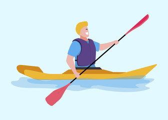 Single Cartoon Smiling Male Rower on Canoe with Paddle. Kayak Rowing Summer Sport. Kayaking Water Outdoor Activities on River. Sporting Competition Race. Vector Flat Paddler Illustration