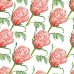 Seamless pattern. Roses, flowers, leaves, stems. Hand drawn watercolor illustration with roses. Red flowers in buds with leaves. Composition in a circle on a white background. Blooming, spring, summer
