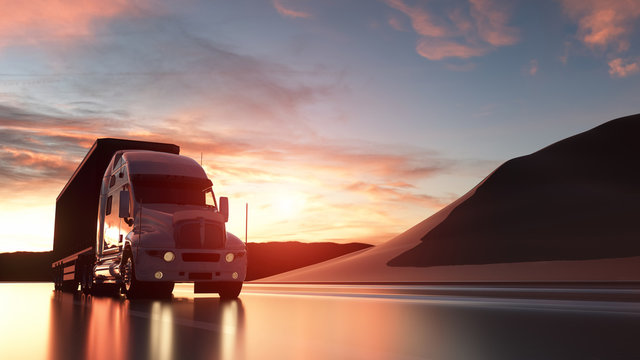 Semi trailer truck with beautiful landscape. 3d illustration