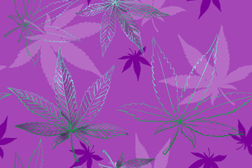 Seamless pattern of green metallic cannabis leaves. Pattern of pink or lilac marijuana leaf.