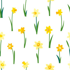 Floral seamless pattern with yellow daffodils and green leaves isolated on white background. Endless texture for spring or summer design. Bright fabric print for greeting card template. Womens Day.