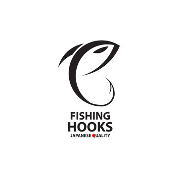 Fishing hooks logo template. Creative vector template of fishing club logo or online shop. Icon of fish with hook. Vector illustration.