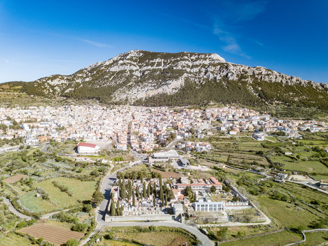 AERIAL VIEW OF THE TOWN OF DORGALI IN THE CENTER OF SARDINIA