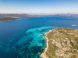 Aerial view of the Molara island with its beautiful natural pools, splendid sea and beautiful colors, north Sardinia