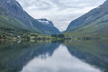 Beautiful Norwegian landscape. view of the fjords. Norway ideal fjord reflection in clear water. selective focus