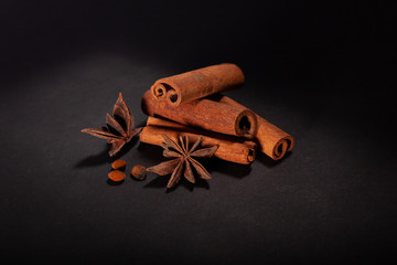 stick cinnamon bark and star anise star on a black background