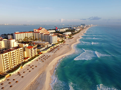 Cancun Beach And Hotel Zone Aerial View, Cancun, Quintana Roo QR, Mexico.