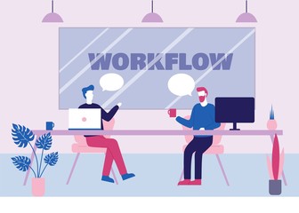 Workflow Banner. Cartoon Man Sit Table, Notebook Work, Drink Coffee, Chatting Vector Illustration. Office Worker Talk. Colleague Communication, Worker Conversation, Project Discussion