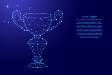 Winner's Cup, online reward from futuristic polygonal blue lines and glowing stars for banner, poster, greeting card. Vector illustration.