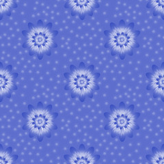 Seamless repeat pattern with blue flowers  on blue background. For drawn fabric, gift wrap, wall art design.