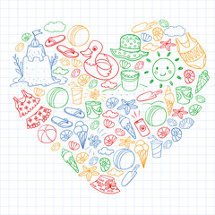 Vector set of beach icons for summer posters, banners. Sea, ocean vacations. Kids drawing style.