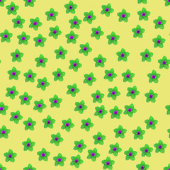 Seamless repeat pattern with flowers in green on yellow background. drawn fabric, gift wrap, wall art design, wrapping paper, background, fabric print, web page backdrop.