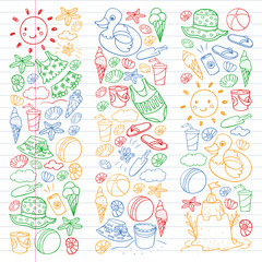 Fototapeta na wymiar Vector set of beach icons for summer posters, banners. Sea, ocean vacations. Kids drawing style.