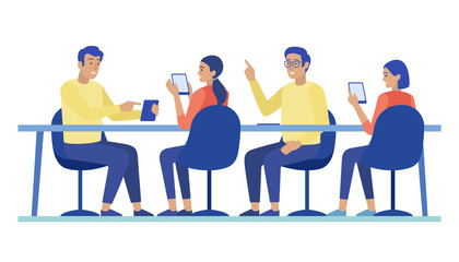 Cartoon People Characters Sitting at Table. Man and Woman Workers Collaborating at Business Meeting. Team Using Digital Mobile Phones for Communication. App Development. Vector Flat Illustration