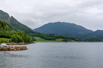 Beautiful Norwegian landscape. view of the fjords. Norway ideal fjord reflection in clear water. selective focus