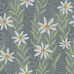 Hand drawn seamless vector pattern with chamomile flowers and fern leaves. White daisy on a gray background with green stem. Romantic ditsy illustration perfect for fabrics.