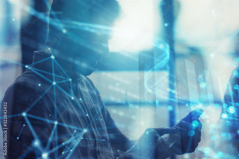 Poster young man using a mobile phone connected to internet. double exposure and network effect