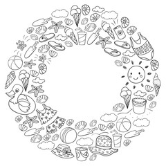 Vector set of beach icons for summer posters, banners. Sea, ocean vacations. Kids drawing style.