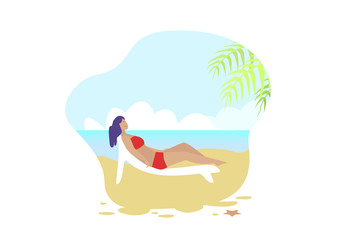 Woman Sunbathing on Tropical Beach Resort Vector Cartoon. Female Character Lying on Chaise Lounge. Travel and Passive Rest. Summer Hobby on Exotic Island. Flat Isolated Lady and Nature Illustration
