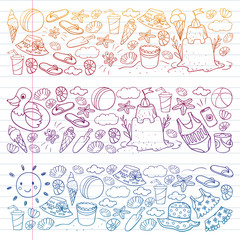 Vector set of beach icons for summer posters, banners. Sea, ocean vacations. Kids drawing style.