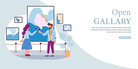 Art Gallery Open Banner. Man Woman Drink Wine Vector Illustration. Sell Contemporary Abstract Paintings. Canvas Frame on Wall. Modern Exhibition. Museum Exposition. Artistic Business
