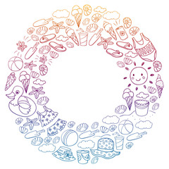 Vector set of beach icons for summer posters, banners. Sea, ocean vacations. Kids drawing style.