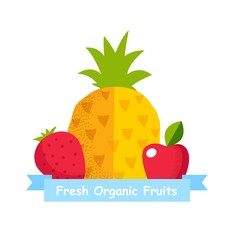 Pineapple Strawberry and Apple. Fruit and Barry on White Background. Fresh Organic Food. Grow Organic Vegetables. Vector Illustration. Fresh Fruits. Organic Production. Healthy Lifestyle.
