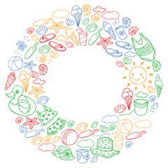 Vector set of beach icons for summer posters, banners. Sea, ocean vacations. Kids drawing style.