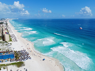 Cancun beach and hotel zone aerial view, Cancun, Quintana Roo QR, Mexico.