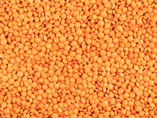 Orange lentil seeds top view, texture.