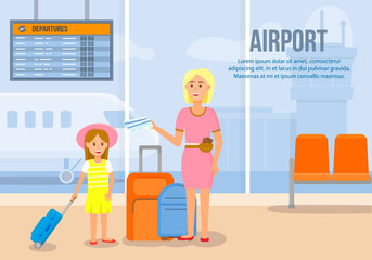 Airport Horizontal Banner with Copy Space. Blonde Woman Hold Little Girl by Hand Standing near Baggage on Airplane Background. Mother Travel with Daughter Characters. Cartoon Flat Vector Illustration.