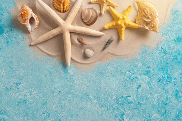Creative layout of sand waves and sea, summer beach background with shell, sea star, vacation and travel concept, Flat lay top view copy space Minimal exotic concept.