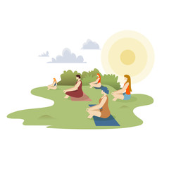Outdoor Yoga Class Cartoon Vector Illustration. Women Practicing Pilates in Park. Girls Flat Characters Sitting in Lotus Position on Yoga Mats. People Meditating, Exercising, Doing Sport