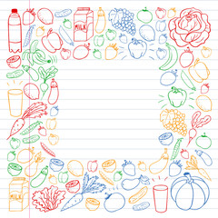 Fototapeta na wymiar Vector pattern with healthy food. Fruits and vegetables. Milk, dairy products. Pattern for store, mall, menu, cafe, restaurants.