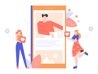 Influencer and blogger. Mobile application, social network, service with posts and comments. Two girls hold like badges, young female fans. Vector flat illustration with characters.