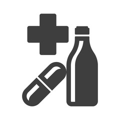 Obraz premium First aid kit icon. Minimalist image of the cross, tablets and bottles with medical drug. Isolated vector on a white background