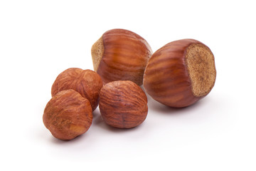 Raw Natural Organic hazelnuts, isolated on white background