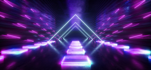 Sci Fi Stage Podium Laser Neon Triangle Construction Cyber Virtual Alien Spaceship Purple Blue Pantone Futuristic Tunnel Hall Concrete Metal Cosmic Modern Showroom 3D Rendering