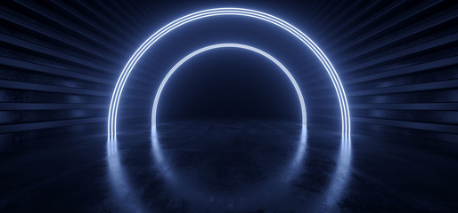 Futuristic Sci Fi Laser Neon Showroom Circle Arc Cyber Virtual Alien Spaceship Blue  Tunnel Corridor Hall Concrete Metal Cosmic  Modern 3D Rendering