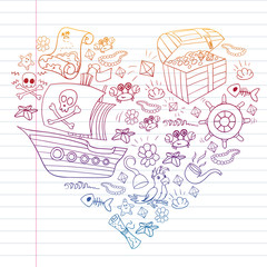 Fototapeta premium Vector set with pirate elements for birthday party for little children. Kids pattern with octopus, beach, treasure chest, ship