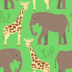 Seamless pattern of cartoon elephant and giraffe. Repeatable textile vector print, childish wallpaper design.