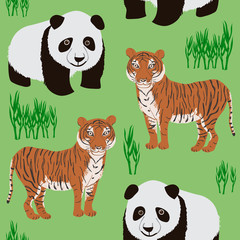 Seamless pattern of cartoon panda and tiger. Repeatable textile vector print, childish wallpaper design.