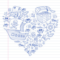 Vector set with pirate elements for birthday party for little children. Kids pattern with octopus, beach, treasure chest, ship