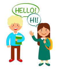Schoolmates Greeting Flat Vector Illustration. Schoolboy and Schoolgirl Saying Hello and Hi. Cute School Children Cartoon Characters. Happy Kids Holding Book and Rucksack Isolated Design Element