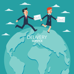 Young businessman and business woman running over the world map. Post letter, delivery service or e-mail vector concept